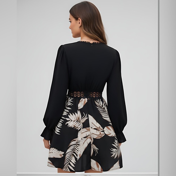 Tropical Print Guipure Lace Insert Flounce Sleeve Dress - Picture 4 of 7